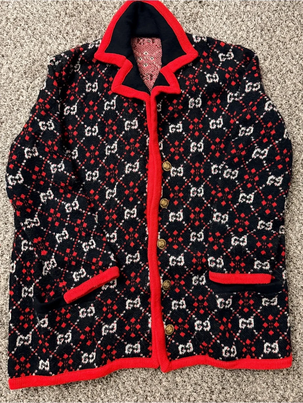 Authentic Gucci Multi Colored Diamond GG Logo Pattern Cardigan Sweater Size M